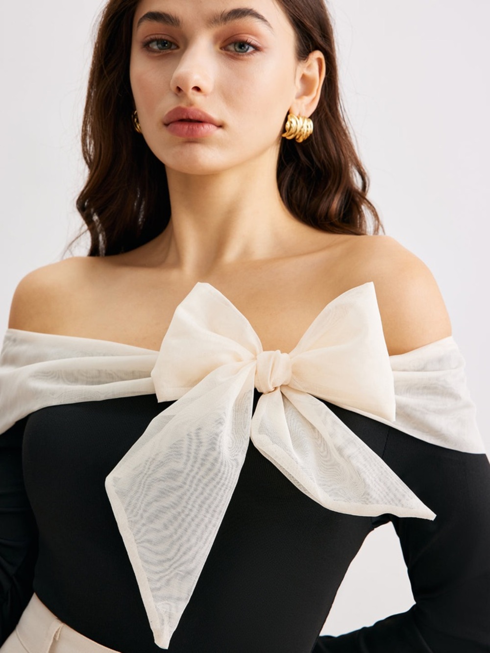 Commense Black Off-Shoulder Top with Ivory Bow